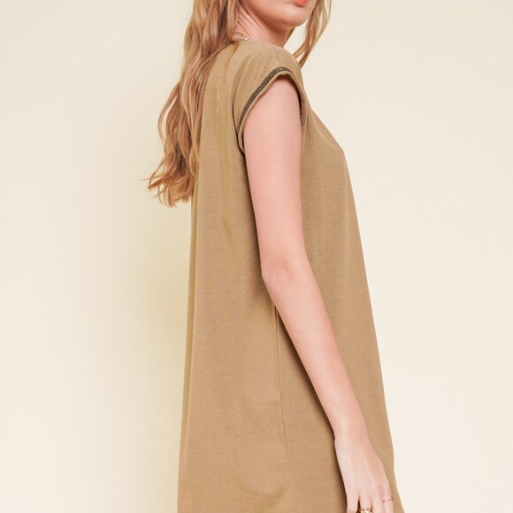 HEM & THREAD Camel T-Shirt Dress, Casual Relaxed Fit with Sequin Trim Sleeves - Picture 6 of 6
